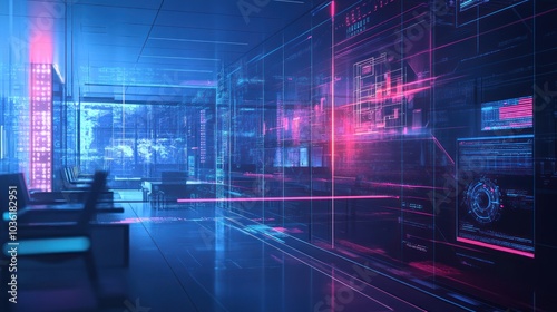 A futuristic office space with digital interfaces and vibrant lighting.