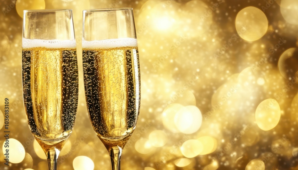 Celebratory champagne flutes with golden bubbly against a shimmering backdrop Celebratory champagne flutes with golden bubbly against a shimmering backdrop