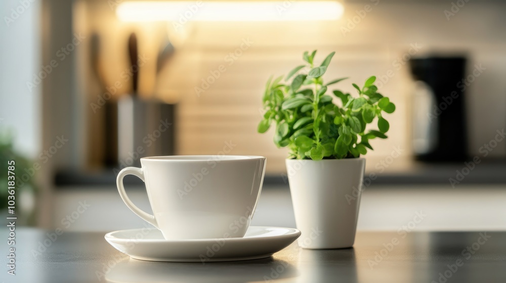 White Ceramic Cup and Saucer Set with a Green Plant on a Kitchen Countertop White Ceramic Cup and Saucer Set with a Green Plant on a Kitchen Countertop
