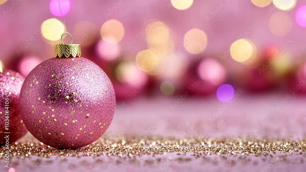 A pink glitter Christmas ornament sits on a bed of gold glitter against a pink and white backdrop A pink glitter Christmas ornament sits on a bed of gold glitter against a pink and white backdrop
