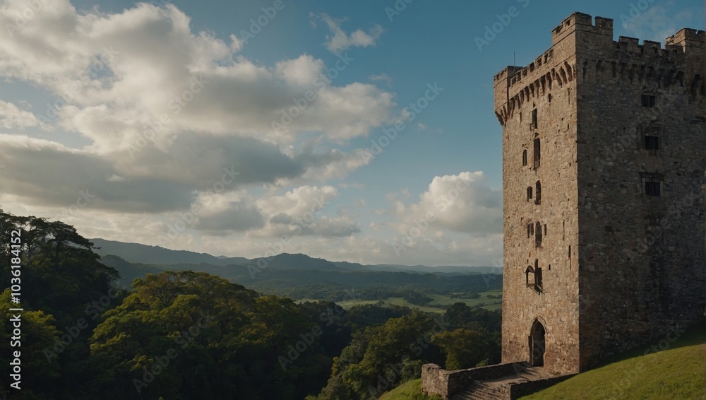 An Imposing Archer Tower Bathed in Sunset Light Creating a Stunning View for All Who Pass By An Imposing Archer Tower Bathed in Sunset Light Creating a Stunning View for All Who Pass By