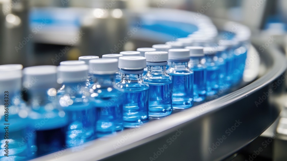 Blue vials filled with liquid moving along a conveyor in a pharmaceutical manufacturing setting Blue vials filled with liquid moving along a conveyor in a pharmaceutical manufacturing setting