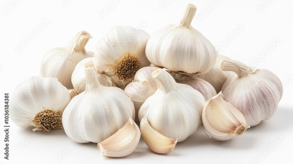 Fresh garlic bulbs separated and featured on a plain white backdrop Fresh garlic bulbs separated and featured on a plain white backdrop