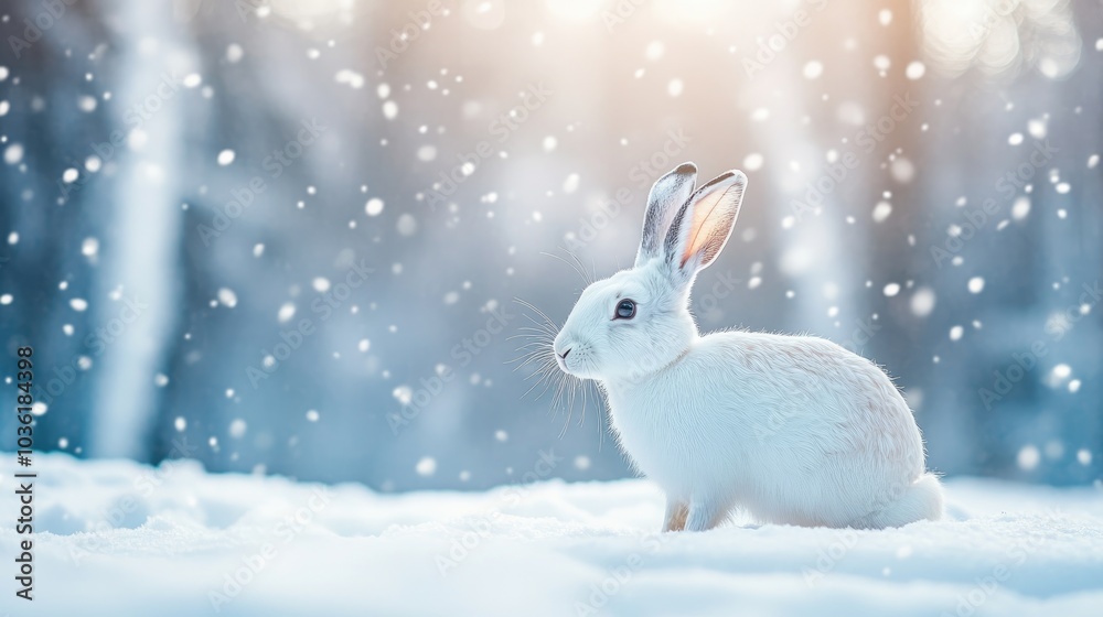 White hare amidst a snowy forest backdrop with a bokeh effect and ample copy space Wild animals in winter settings Suitable for a holiday greeting card White hare amidst a snowy forest backdrop with a bokeh effect and ample copy space Wild animals in winter settings Suitable for a holiday greeting card