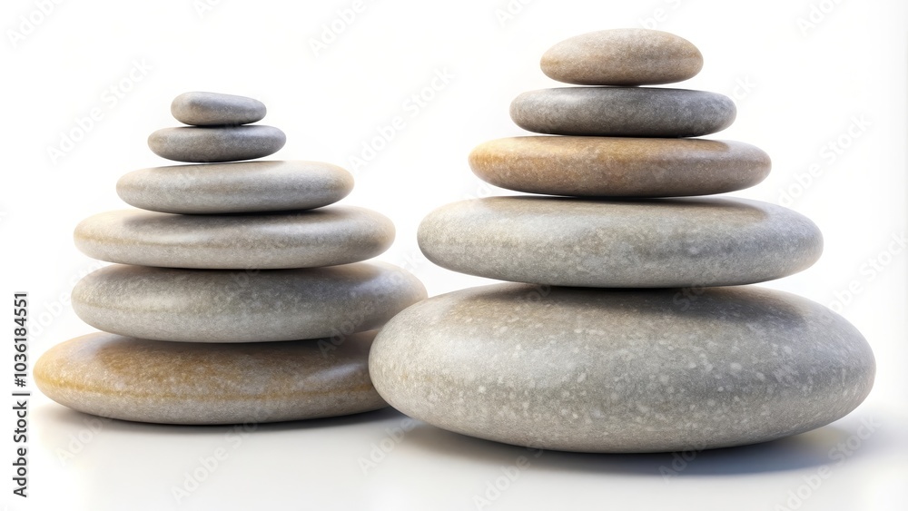 Two stacks of perfectly balanced smooth grey pebbles creating a sense of peace and tranquility Two stacks of perfectly balanced smooth grey pebbles creating a sense of peace and tranquility
