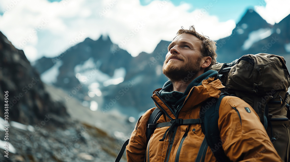 A man with a backpack enjoys the serenity of a mountainous landscape, smiling as he gazes at the sky. He is dressed warmly, wearing an orange jacket, surrounded by rugged peaks and snow patches.