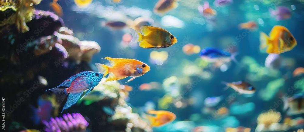 Fototapeta premium Clear Aquarium With A Lot Of Colorful Fishes And Without Decor And Little Stones School Of Fish Swimming Close Up View Home Underwater Pets