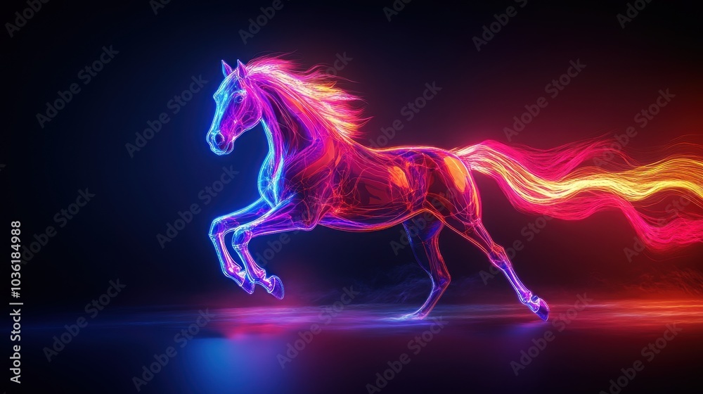 A vibrant, neon-lit horse in motion, showcasing a blend of technology and artistry. A vibrant, neon-lit horse in motion, showcasing a blend of technology and artistry.
