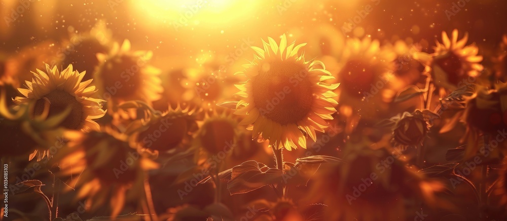 Fototapeta premium Beautiful Field Of Blooming Sunflowers Against Sunset Golden Light And Blurry Soft Ten Sunflower Field Natural Background