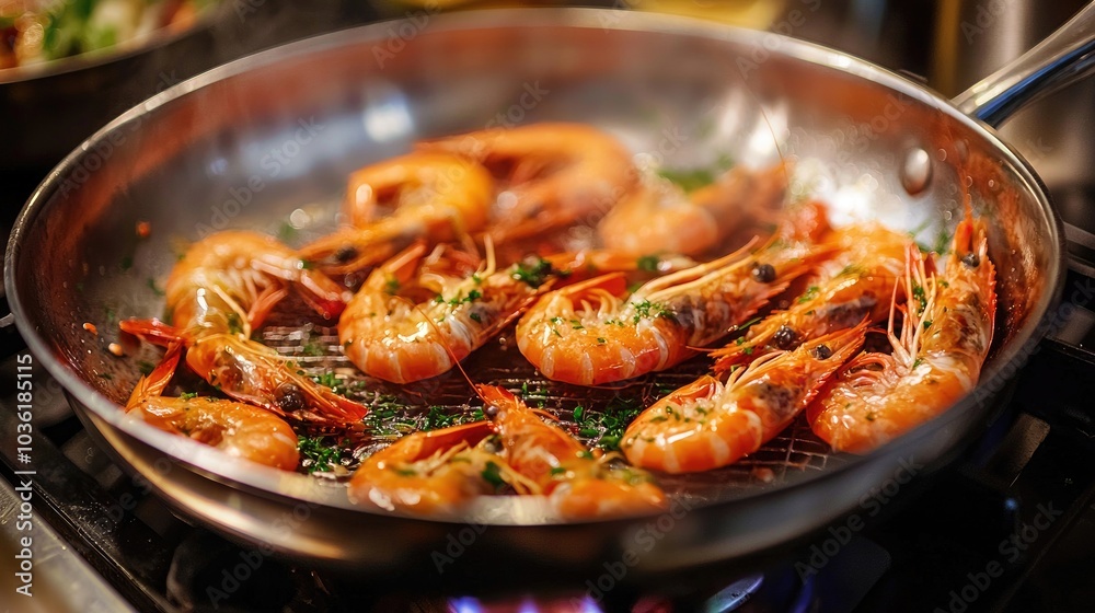 Stainless Steel Pan With Shrimps On Stove