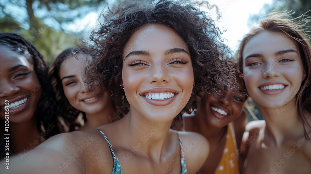 A group of diverse young happy women taking selfies together, taking photograph with friends