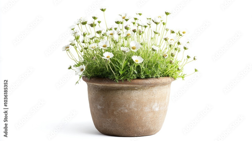Persian Buttercup plant presented in a pot captured from the front against a pure white background showcasing a highly realistic appearance Persian Buttercup plant presented in a pot captured from the front against a pure white background showcasing a highly realistic appearance
