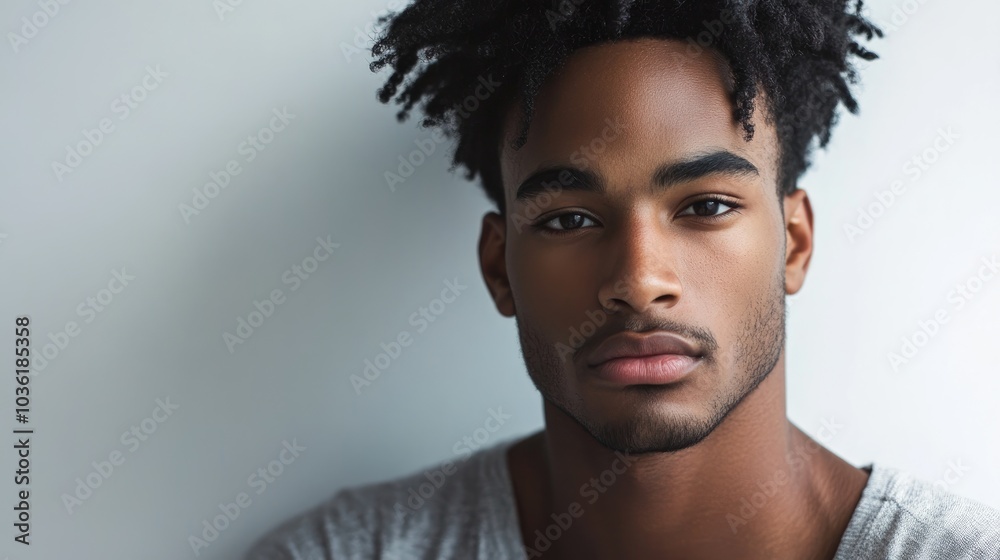 Attractive African American male model posing against a white backdrop Attractive African American male model posing against a white backdrop
