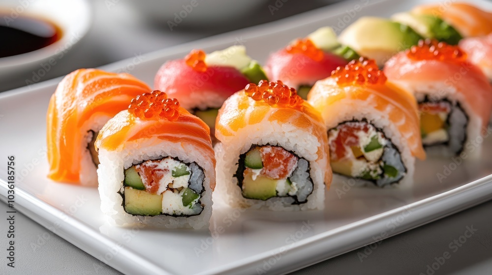 An appetizing sushi platter showcasing an assortment of rolls crafted with fresh fish avocado and colorful toppings arranged on a pristine white plate An appetizing sushi platter showcasing an assortment of rolls crafted with fresh fish avocado and colorful toppings arranged on a pristine white plate