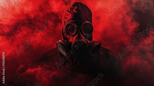 A person wearing a gas mask amid smoke with a dark background and red hues