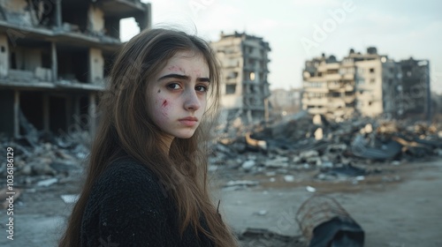 Despondent teenage girl gazes into the camera amidst the ruins of a bombed building highlighting the devastating impact of conflict on humanity and the significant loss it incurs photo