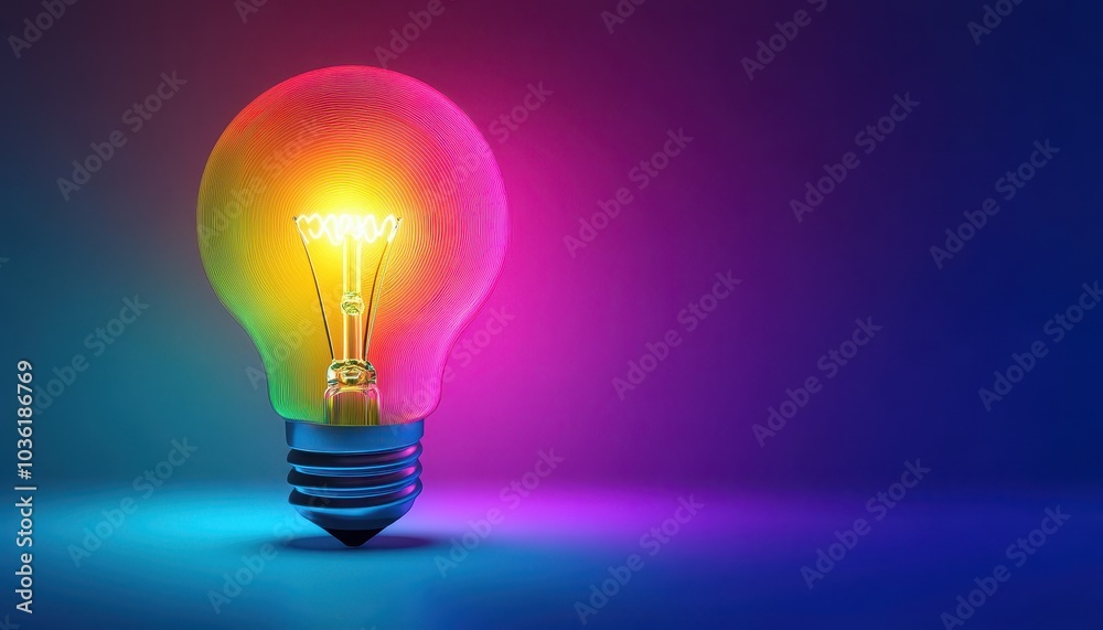 Colorful light bulb glowing in vibrant shades against a dark background Colorful light bulb glowing in vibrant shades against a dark background