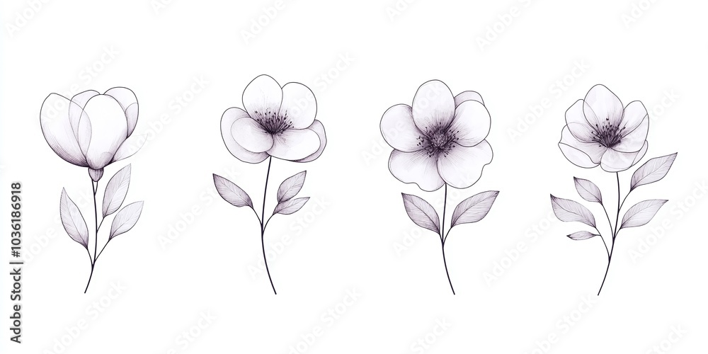 Naklejka premium Monochrome floral sketches, black and white botanical art, minimalistic flower illustrations, detailed line art, artistic design, hand-drawn leaves, elegant decor, copy space. 