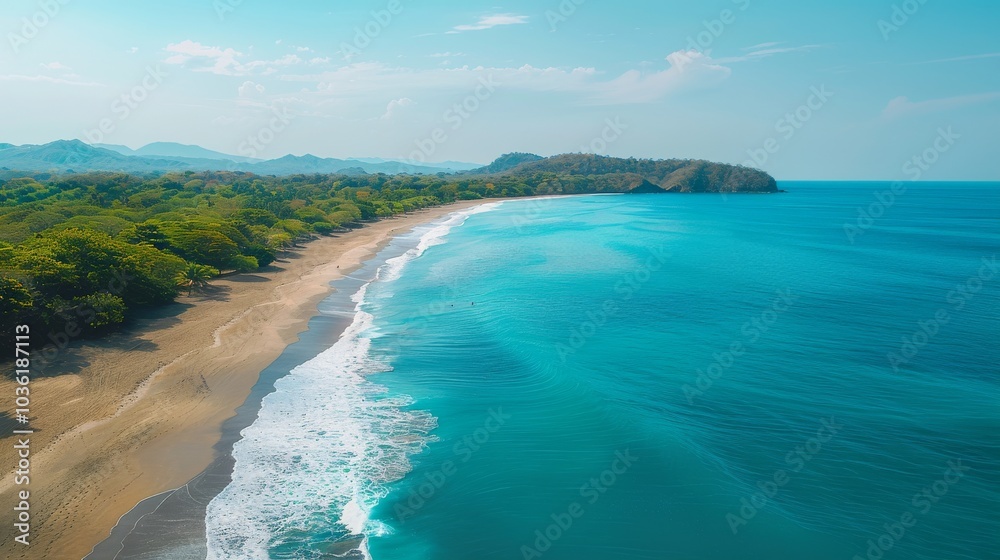 A breathtaking aerial view of a sunny seascape. The Mediterranean sea sparkles, waves gently rolling onto a sandy beach. Perfect summer vibes. A breathtaking aerial view of a sunny seascape. The Mediterranean sea sparkles, waves gently rolling onto a sandy beach. Perfect summer vibes.