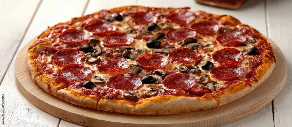 Pizza On White Wooden Background Pepperoni With Sausage Mushrooms And Olives Pizza On White Wooden Background Pepperoni With Sausage Mushrooms And Olives