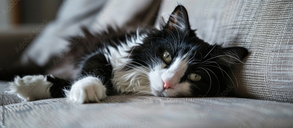 Black And White Furry Cat Lies On The Couch Black And White Furry Cat Lies On The Couch
