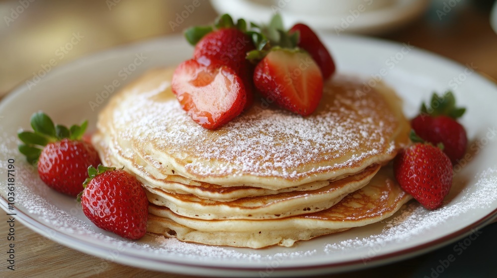 Delicious and fresh pancakes served with strawberries and a sprinkle of sugar Delicious and fresh pancakes served with strawberries and a sprinkle of sugar