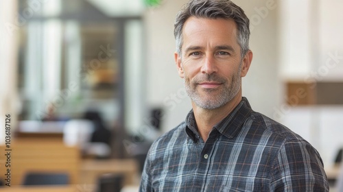 Portrait of a cheerful businessman in his 40s casually dressed confidently gazing into the camera in a contemporary office setting photo