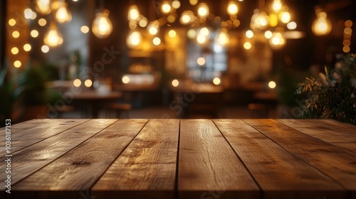 Warmly illuminated wooden tabletop with a blurred backdrop of a cozy dining atmosphere perfect for exhibits and compositions photo