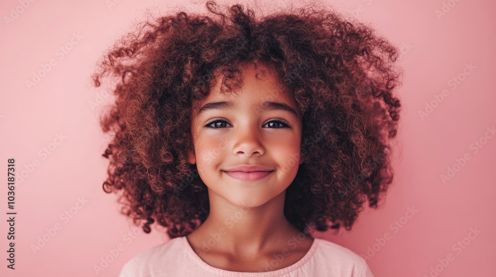 Portrait of a lovely young girl with curly hair against a pink backdrop