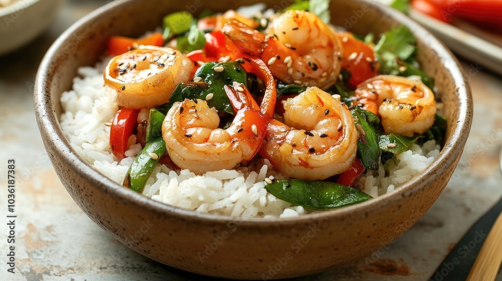 Spicy Shrimp Stir Fry served with Rice and Vegetables in a Ceramic Bowl Spicy Shrimp Stir Fry served with Rice and Vegetables in a Ceramic Bowl