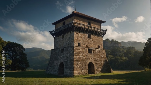 An impressive archer tower set against a blue sky creates a stunning visual contrast