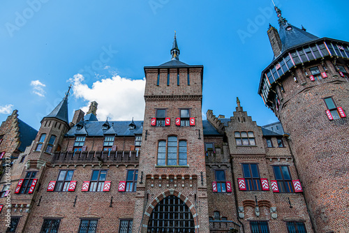 View from Great Courtyard to historic Castle De Haar (Kasteel de Haar, restored 1892) near Utrecht. It’s also largest castle and most luxurious castle in the Netherlands. Haarzuilens, the Netherlands. photo