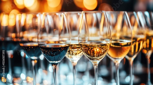 Wine glasses arranged in a row on a buffet table showcasing a wine tasting event Ideal for themes of nightlife celebration and entertainment Wide banner format