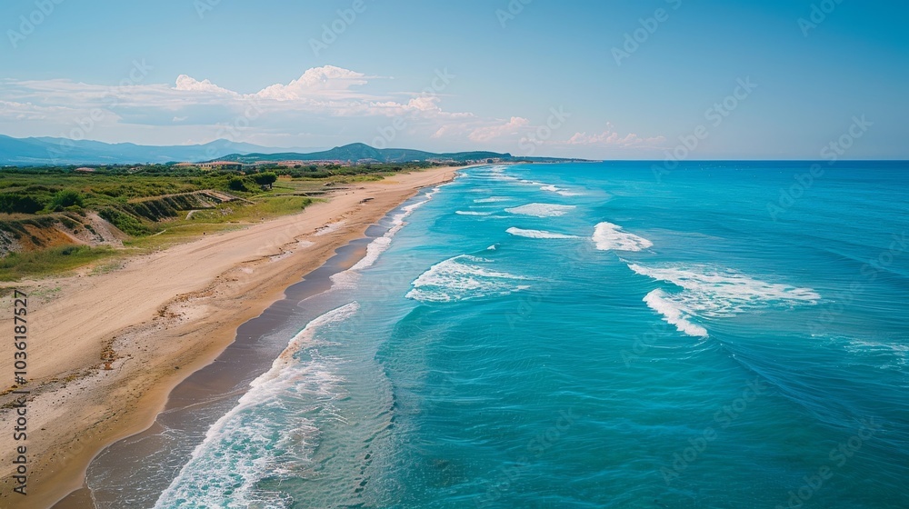 A breathtaking aerial view of a sunny seascape. The Mediterranean sea sparkles, waves gently rolling onto a sandy beach. Perfect summer vibes. A breathtaking aerial view of a sunny seascape. The Mediterranean sea sparkles, waves gently rolling onto a sandy beach. Perfect summer vibes.