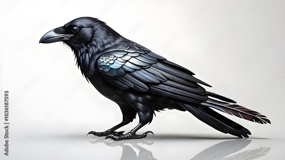 Fototapeta premium a crow with highly detailed, reflective feathers, where each feather shows a slight variation in color based on light and shadow.
