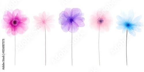 Translucent floral silhouettes, soft pink and blue flowers, artistic abstract design, minimalistic arrangement, light background, ethereal petals, modern illustration, copy space.
