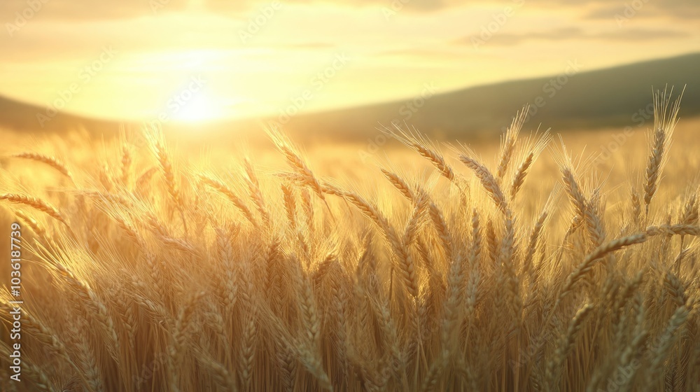 Obraz premium Serene Wheat Landscape Illuminated by Soft Morning Light