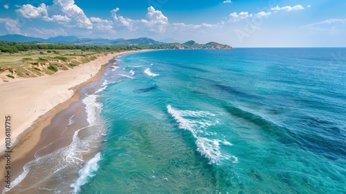 A breathtaking aerial view of a sunny seascape. The Mediterranean sea sparkles, waves gently rolling onto a sandy beach. Perfect summer vibes.
