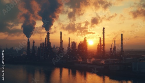Industrial skyline at sunset with smokestacks and reflections on water
