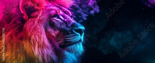 close-up portrait of a lion in neon light Generative AI photo