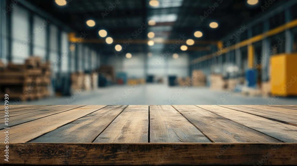 Empty wooden table with a blurred warehouse interior in the background High quality image Empty wooden table with a blurred warehouse interior in the background High quality image