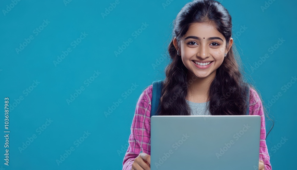 Young girl working on a laptop with a bright smile against a blue background Young girl working on a laptop with a bright smile against a blue background