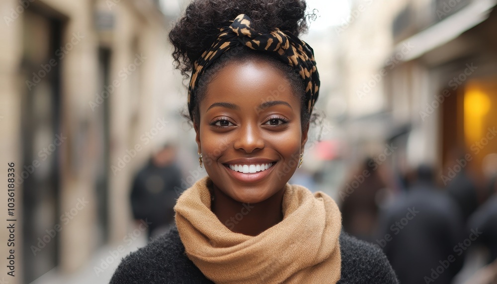 A young woman smiling warmly in a bustling city street during daytime A young woman smiling warmly in a bustling city street during daytime