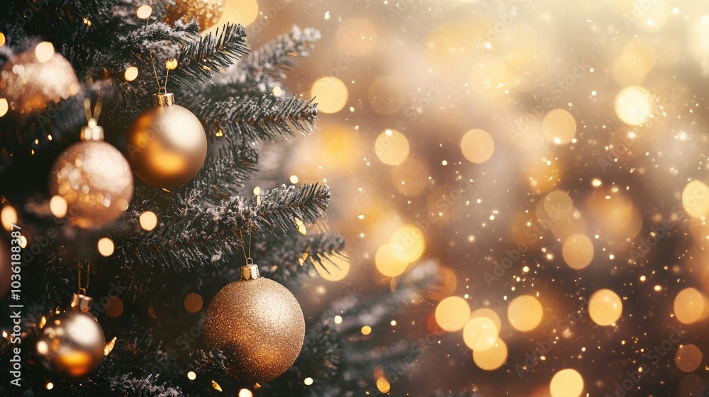 Christmas tree adorned with golden ornaments and soft bokeh lights in the background