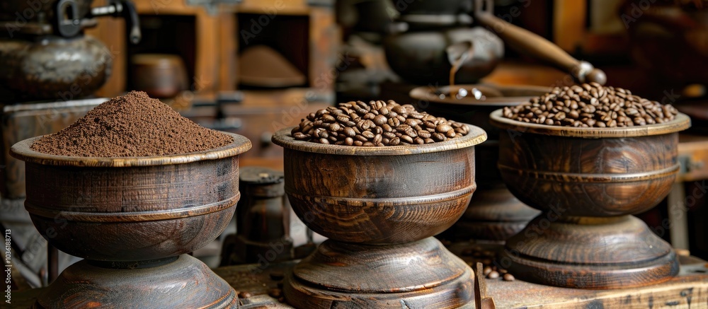 Grinding Coffee Beans With Antique Wooden Mortars Grinding Coffee Beans With Antique Wooden Mortars