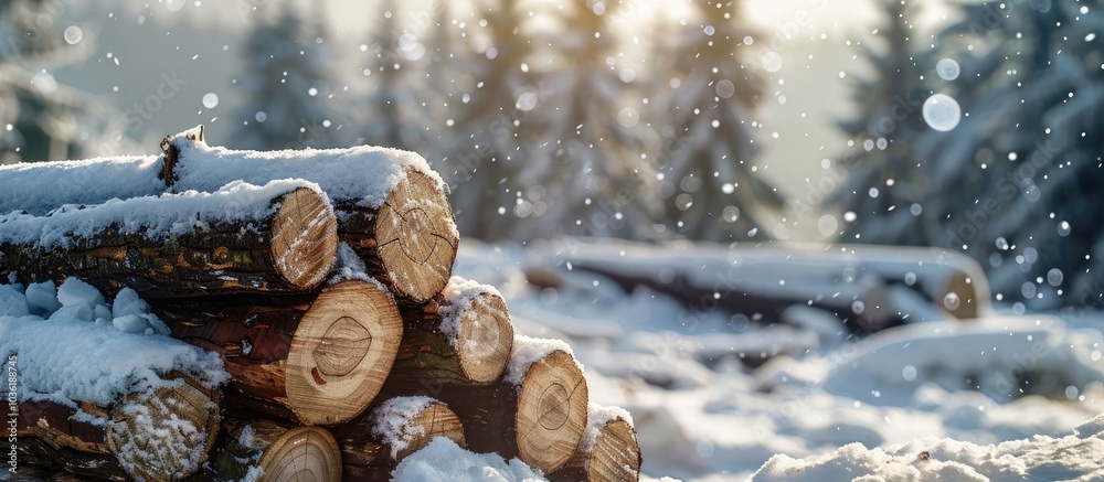 Stack Of Wooden Logs In Winter Snow With Forest Background Stack Of Wooden Logs In Winter Snow With Forest Background