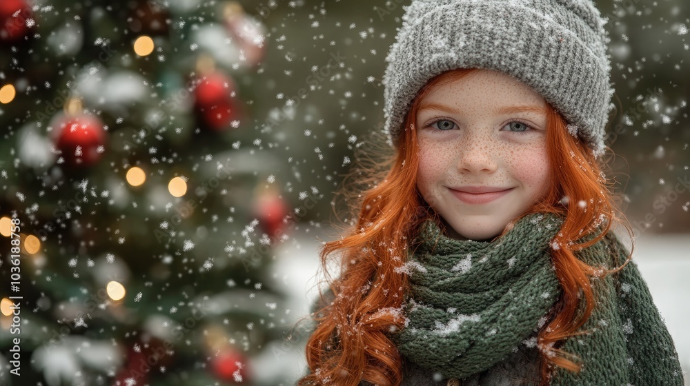 A young girl with vibrant red hair adorned in a green scarf and gray hat delights in a snowy day near a decorated Christmas tree in her backyard A young girl with vibrant red hair adorned in a green scarf and gray hat delights in a snowy day near a decorated Christmas tree in her backyard