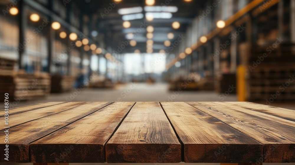 Empty wooden table with a blurred warehouse interior in the background High quality image Empty wooden table with a blurred warehouse interior in the background High quality image