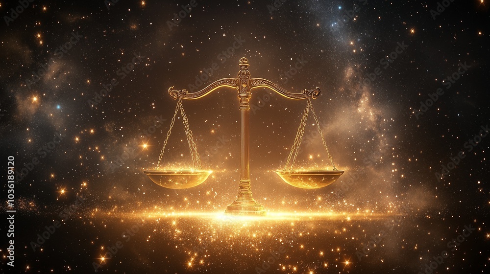 Libra symbol balancing on a glowing scale, with constellations shining in the night sky Libra symbol balancing on a glowing scale, with constellations shining in the night sky