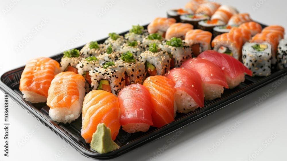 Beautifully arranged sushi assortment including eel nigiri and fresh sashimi on a modern black plate against a white backdrop Beautifully arranged sushi assortment including eel nigiri and fresh sashimi on a modern black plate against a white backdrop